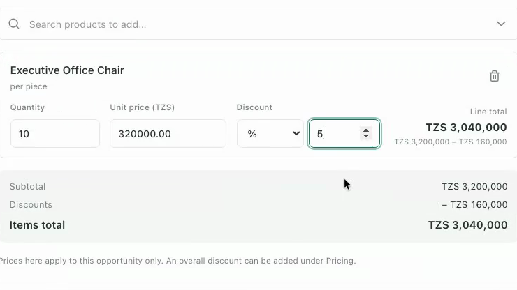 An Executive Office Chair on a new opportunity: quantity 10, unit price TZS 320,000, a 5% discount, line total TZS 3,040,000, and an items total below.