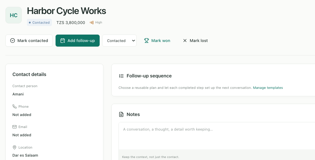 A lead page for Harbor Cycle Works: stage, value, quick actions, contact details, follow-up sequence and notes.