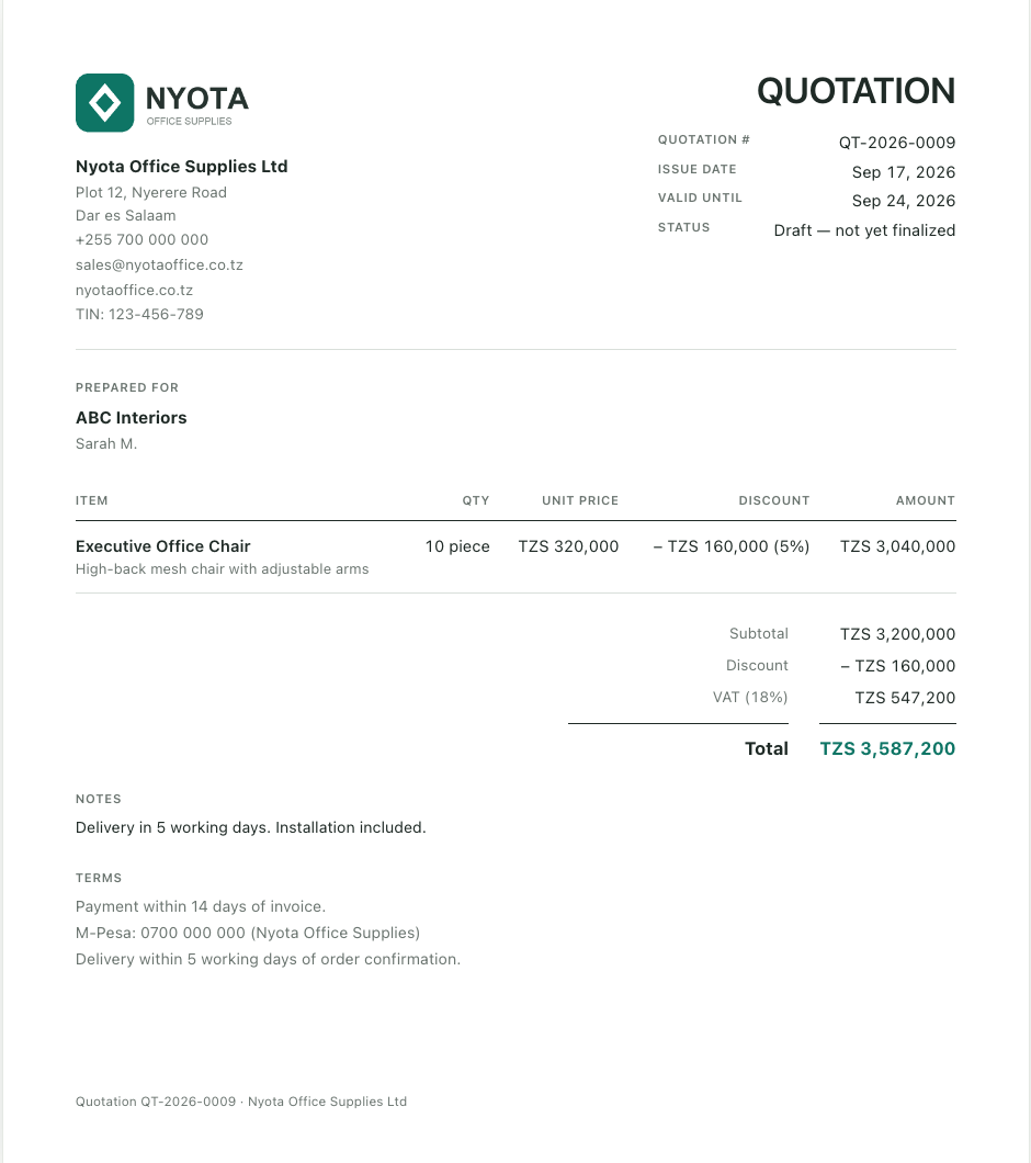 A finished Purselo quotation: the seller's logo and details, quotation number QT-2026-0009 with issue and valid-until dates, prepared for ABC Interiors, one line for 10 Executive Office Chairs with a 5% discount, subtotal, discount, VAT 18% and a total of TZS 3,587,200, then notes and terms.