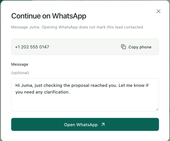 Purselo's Continue on WhatsApp dialog for a lead: the phone number with a Copy button, an optional message draft, and an Open WhatsApp button. Opening WhatsApp does not mark the lead as contacted.